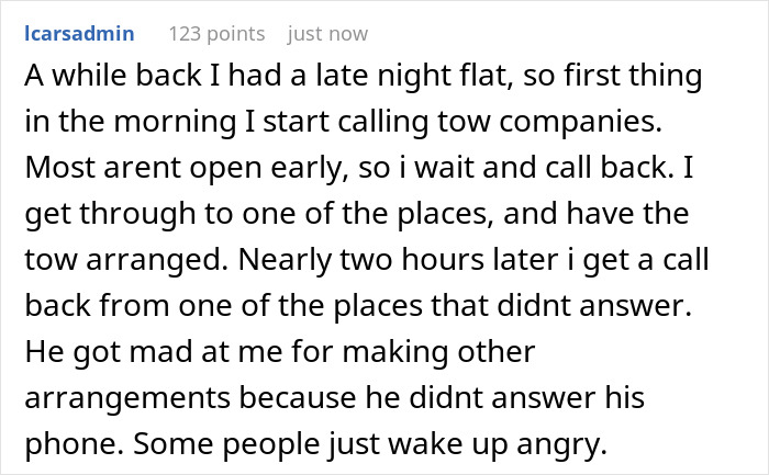 Text exchange with a towing company, discussing morning call frustrations. Text exchange with a towing company, discussing morning call frustrations.
