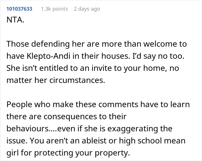 Text defending a woman's choice to refuse access to someone labeled a kleptomaniac, addressing accusations of ableism. Text defending a woman's choice to refuse access to someone labeled a kleptomaniac, addressing accusations of ableism.