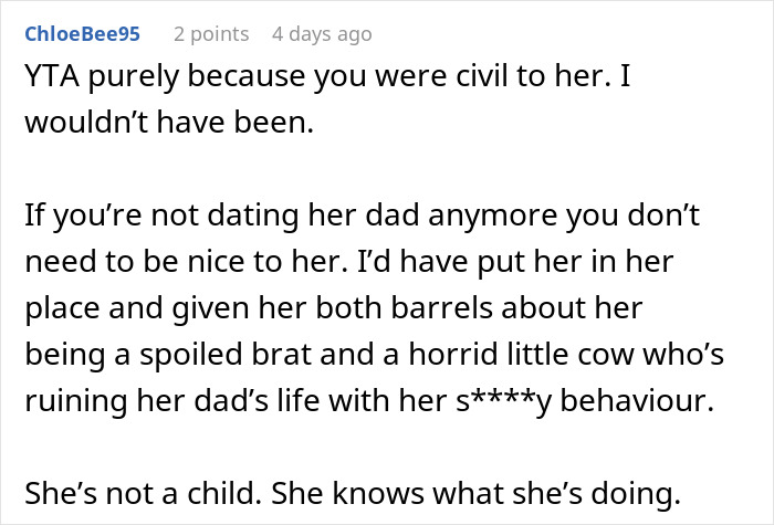Comment discussing a teen complaining to dad's ex-girlfriend about current girlfriend, mentioning behavior issues. Comment discussing a teen complaining to dad's ex-girlfriend about current girlfriend, mentioning behavior issues.
