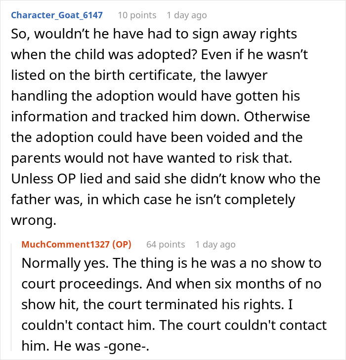 Reddit comments discussing legal aspects of adoption concerning parental rights. Reddit comments discussing legal aspects of adoption concerning parental rights.