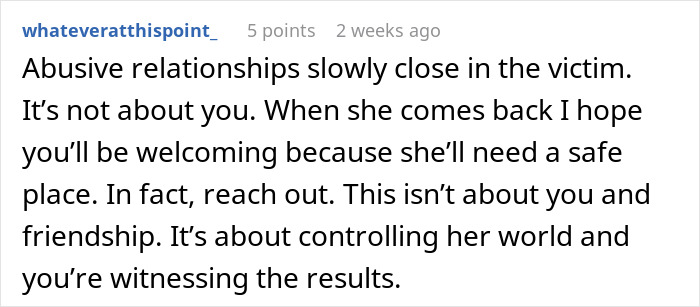 Comment discussing controlling relationships and friendship dynamics. Comment discussing controlling relationships and friendship dynamics.