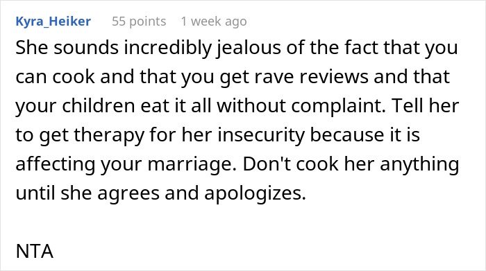 Comment discussing husband-wife cooking drama and relationship advice. Comment discussing husband-wife cooking drama and relationship advice.