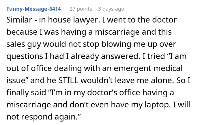 Text exchange where an in-house lawyer embarrasses an entitled coworker by sharing a personal situation involving a doctor's visit. Text exchange where an in-house lawyer embarrasses an entitled coworker by sharing a personal situation involving a doctor's visit.