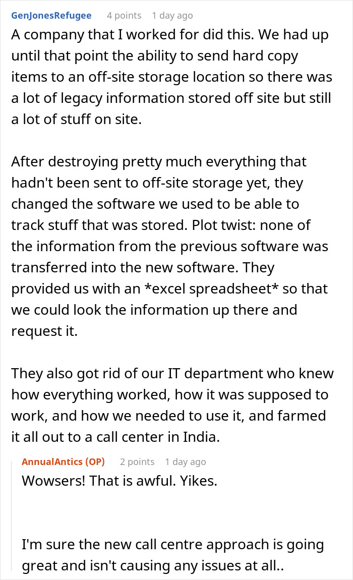 Text discussing management chaos after IT team removal, sharing personal workplace experiences on a forum. Text discussing management chaos after IT team removal, sharing personal workplace experiences on a forum.