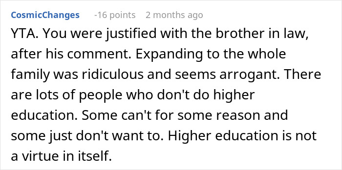 Reddit comment discussing opinions on higher education's value within a family context. Reddit comment discussing opinions on higher education's value within a family context.