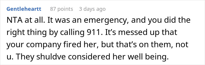 Reddit comment discussing an emergency situation involving calling an ambulance, leading to a coworker's firing. Reddit comment discussing an emergency situation involving calling an ambulance, leading to a coworker's firing.