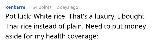 Text post sharing disappointment at a company potluck, featuring comments on luxury and health coverage. Text post sharing disappointment at a company potluck, featuring comments on luxury and health coverage.