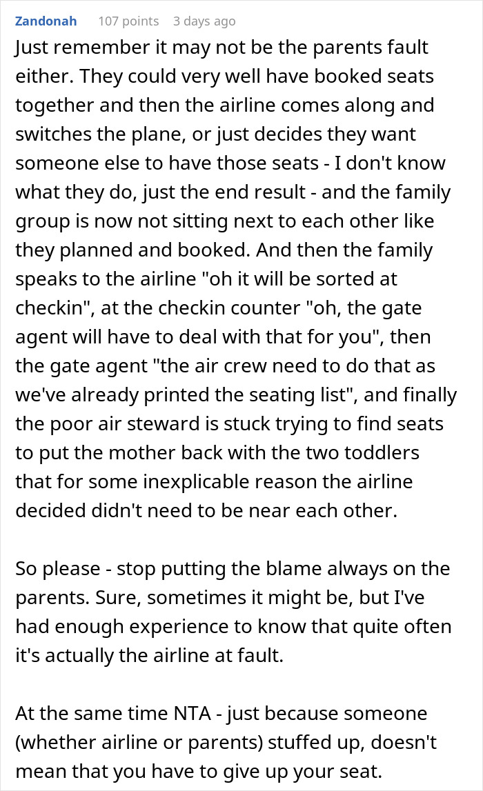 A Reddit comment discussing seat arrangements on planes, focusing on refusing aisle seats for families. A Reddit comment discussing seat arrangements on planes, focusing on refusing aisle seats for families.
