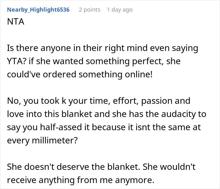 Reddit comment discussing demands for perfection on a handmade gift. Reddit comment discussing demands for perfection on a handmade gift.