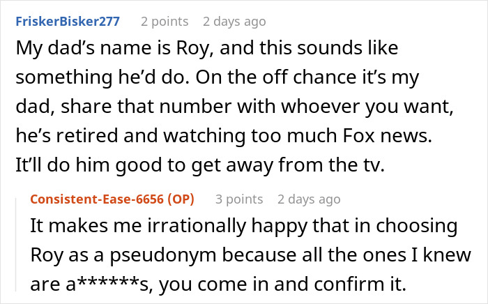Reddit comments discussing spam calls and a humorous exchange about naming someone Roy. Reddit comments discussing spam calls and a humorous exchange about naming someone Roy.