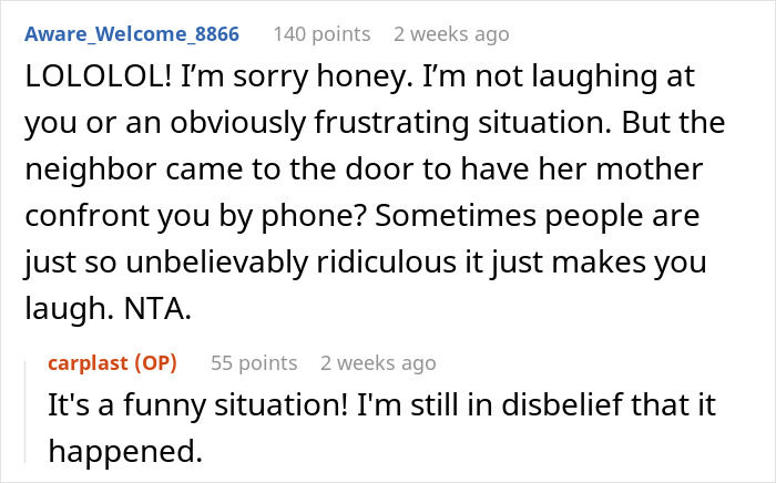 Text exchange about a neighbor's stroller blocking a door, leading to a reported complaint and a strong reaction. Text exchange about a neighbor's stroller blocking a door, leading to a reported complaint and a strong reaction.