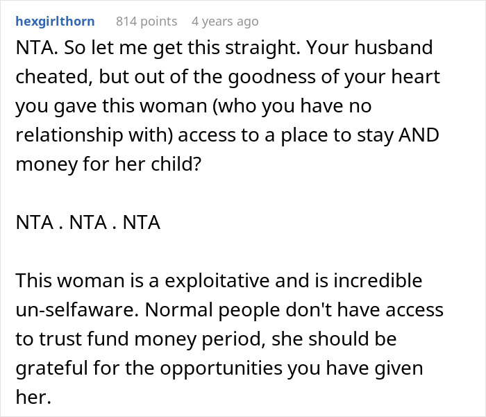 Reddit comment criticizing a woman's refusal to fund husband's affair child's expenses. Reddit comment criticizing a woman's refusal to fund husband's affair child's expenses.