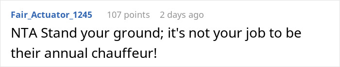 Comment about family New Year's Eve drama, emphasizing standing one's ground and not being the annual chauffeur. Comment about family New Year's Eve drama, emphasizing standing one's ground and not being the annual chauffeur.