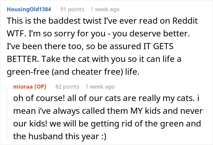 Reddit comments discussing a twist involving stains in a woman's home linked to infidelity. Reddit comments discussing a twist involving stains in a woman's home linked to infidelity.