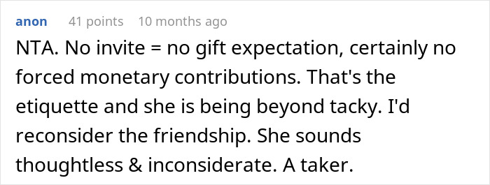 Reddit comment about wedding etiquette, discussing gift expectations and uninvitation consequences. Reddit comment about wedding etiquette, discussing gift expectations and uninvitation consequences.