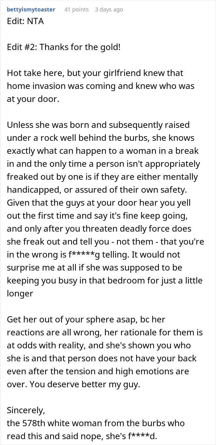 Text post discussing reactions to a home invasion and threatening intruders. Text post discussing reactions to a home invasion and threatening intruders.