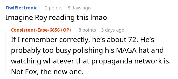 Text conversation about a person, humorously implying a connection to political commentary and network preferences. Text conversation about a person, humorously implying a connection to political commentary and network preferences.