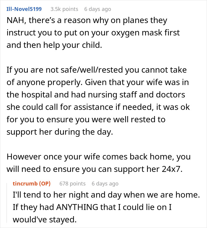 Reddit conversation discussing a man's situation after his wife's C-section, with varying opinions. Reddit conversation discussing a man's situation after his wife's C-section, with varying opinions.