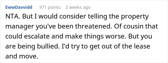 User comment on neighbors blocking door with stroller, suggesting reporting threats to the property manager. User comment on neighbors blocking door with stroller, suggesting reporting threats to the property manager.