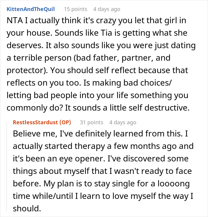 Reddit comments discussing a father's ex-girlfriend and his new girlfriend, with advice on self-reflection and therapy. Reddit comments discussing a father's ex-girlfriend and his new girlfriend, with advice on self-reflection and therapy.
