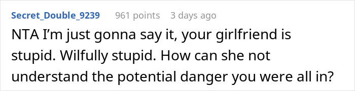 Comment referencing a guy defending his decision to threaten intruders, criticizing a girlfriend's lack of understanding. Comment referencing a guy defending his decision to threaten intruders, criticizing a girlfriend's lack of understanding.