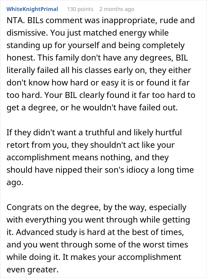 Reddit comment criticizing family for dismissing the importance of a university degree. Reddit comment criticizing family for dismissing the importance of a university degree.