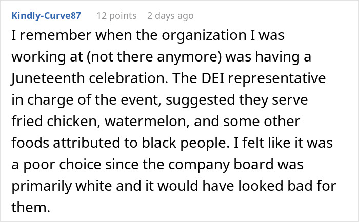 Text from a post discussing inappropriate food choices at a company appreciation potluck. Text from a post discussing inappropriate food choices at a company appreciation potluck.