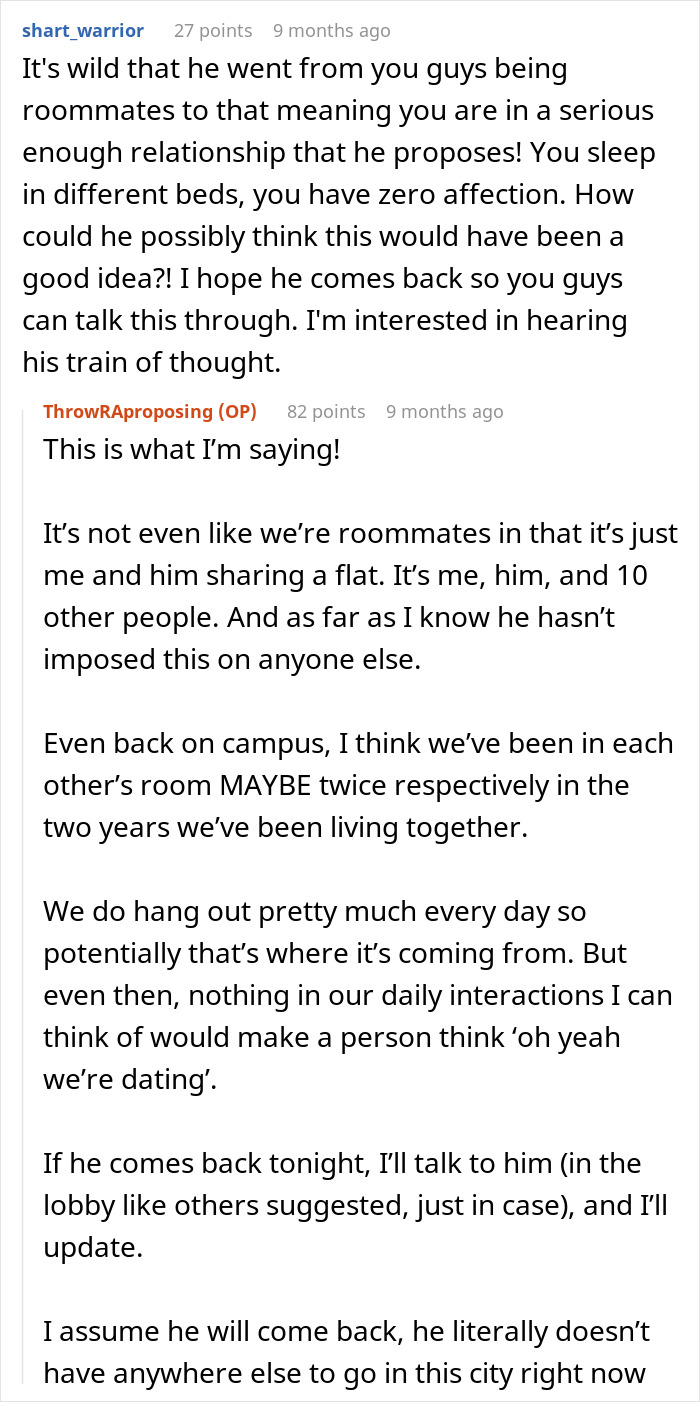 Reddit comments discussing a surprising proposal and crowd rejection. Reddit comments discussing a surprising proposal and crowd rejection.