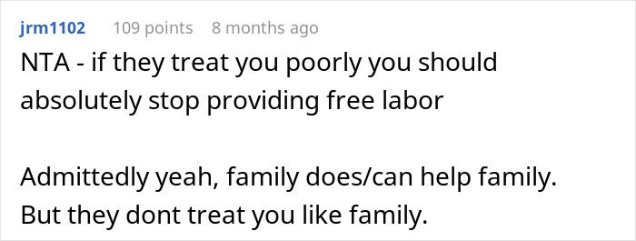 Screenshot of a comment discussing family attitude and stopping free labor. Screenshot of a comment discussing family attitude and stopping free labor.