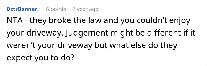 Text comment about car driveway block legality and judgment issues. Text comment about car driveway block legality and judgment issues.