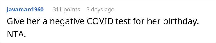 Reddit comment suggesting a negative COVID test as a birthday gift, related to pregnancy announcement not counting as a present. Reddit comment suggesting a negative COVID test as a birthday gift, related to pregnancy announcement not counting as a present.