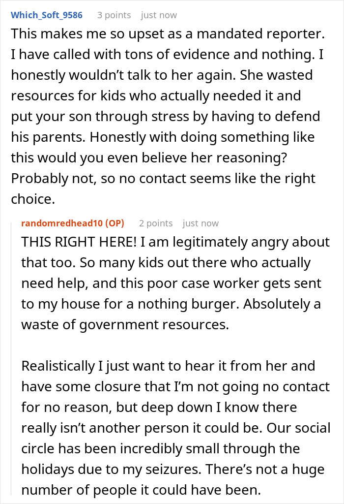 Reddit discussion about a woman shocked by her sister's alleged secret call to CPS. Reddit discussion about a woman shocked by her sister's alleged secret call to CPS.