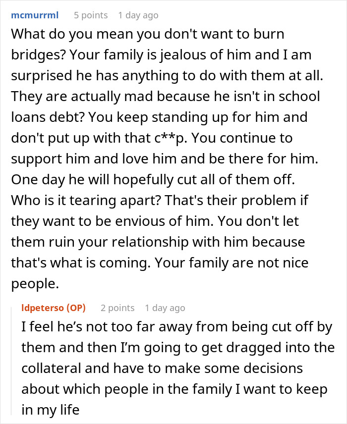 Reddit comment discussing family tension due to brother dating someone wealthier. Reddit comment discussing family tension due to brother dating someone wealthier.