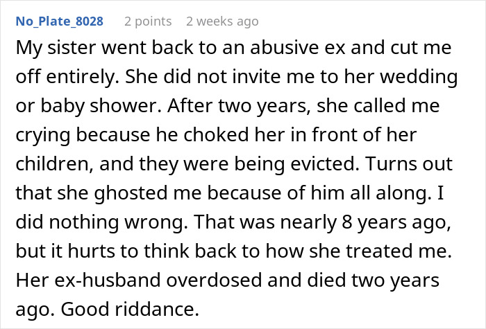 Text from a forum about a woman not invited to her sister's wedding due to family issues. Text from a forum about a woman not invited to her sister's wedding due to family issues.