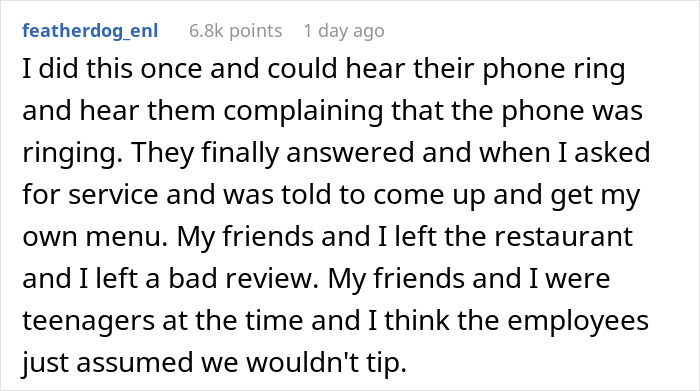 Text about being ignored at a restaurant and not tipping, shared by user featherdog_enl. Text about being ignored at a restaurant and not tipping, shared by user featherdog_enl.