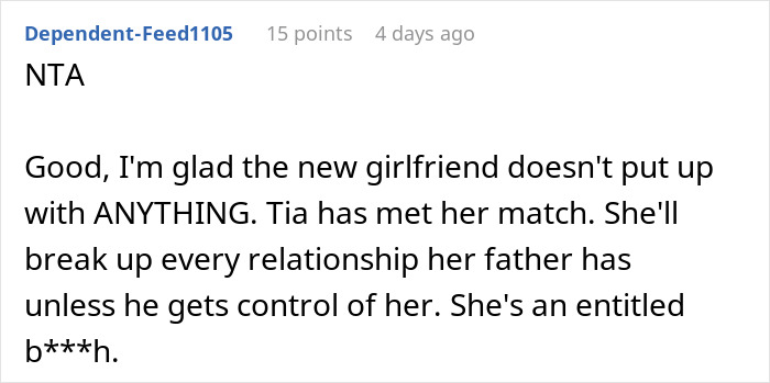 Reddit comment discussing teen's dislike for dad's new girlfriend. Reddit comment discussing teen's dislike for dad's new girlfriend.