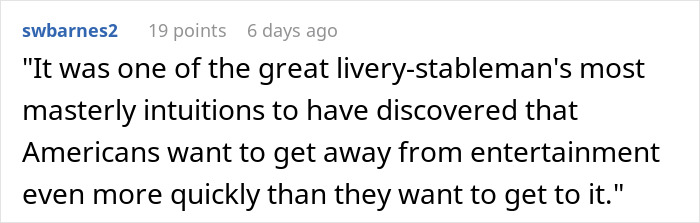 Quote discussing Americans' desire to leave entertainment quickly, related to newlyweds booking a taxi for guests. Quote discussing Americans' desire to leave entertainment quickly, related to newlyweds booking a taxi for guests.