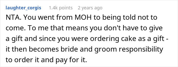 Reddit comment about wedding cake responsibility, discussing gifting and the bride-groom's role after uninviting. Reddit comment about wedding cake responsibility, discussing gifting and the bride-groom's role after uninviting.