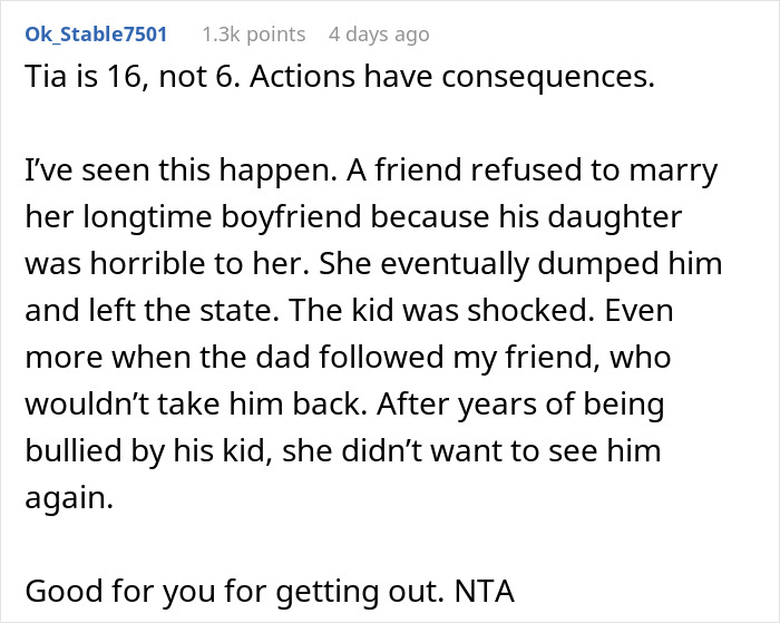 Comment discussing a teen's reaction to dad's ex-GF, involving consequences and relationship choices. Comment discussing a teen's reaction to dad's ex-GF, involving consequences and relationship choices.