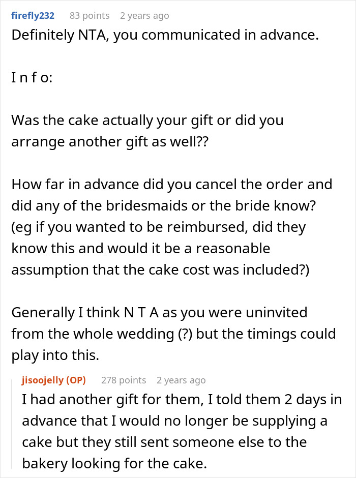 Reddit users discuss ex-BFF canceling wedding cake order after being uninvited. Reddit users discuss ex-BFF canceling wedding cake order after being uninvited.