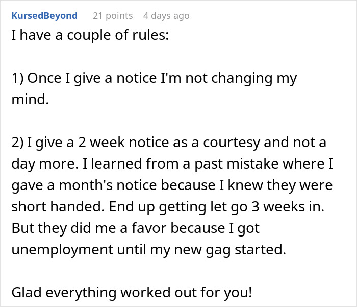 Text discussing giving two weeks' notice at work, explaining consequences and benefits of previous notice periods. Text discussing giving two weeks' notice at work, explaining consequences and benefits of previous notice periods.