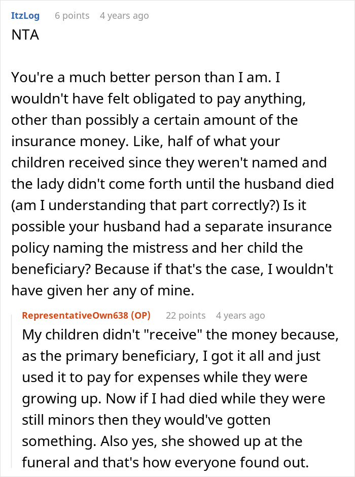 Reddit comments discussing a woman refusing to fund her husband's affair child, emphasizing obligations and insurance. Reddit comments discussing a woman refusing to fund her husband's affair child, emphasizing obligations and insurance.