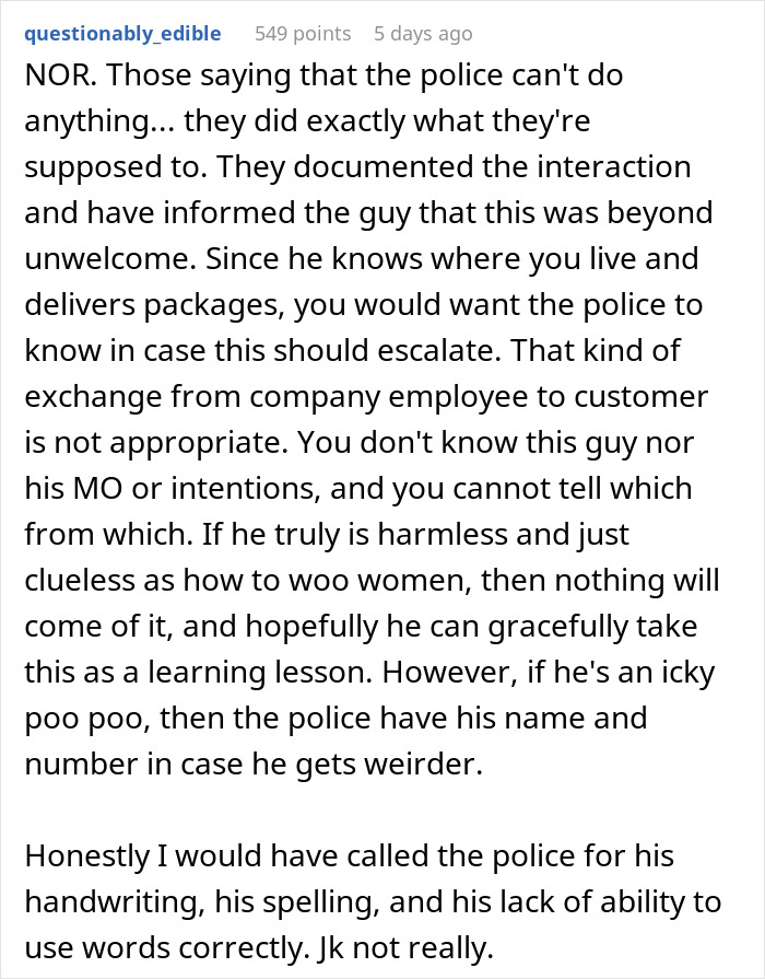 Reddit comment discussing the decision to call the police after receiving a note from an Amazon driver. Reddit comment discussing the decision to call the police after receiving a note from an Amazon driver.