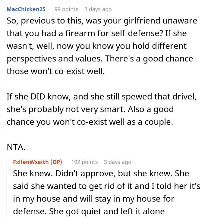 Online discussion about self-defense with firearms, highlighting differing perspectives on gun use for protection. Online discussion about self-defense with firearms, highlighting differing perspectives on gun use for protection.