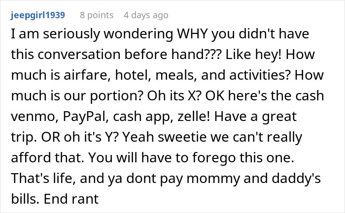 Comment discussing surprise vacation costs and communication issues. Comment discussing surprise vacation costs and communication issues.