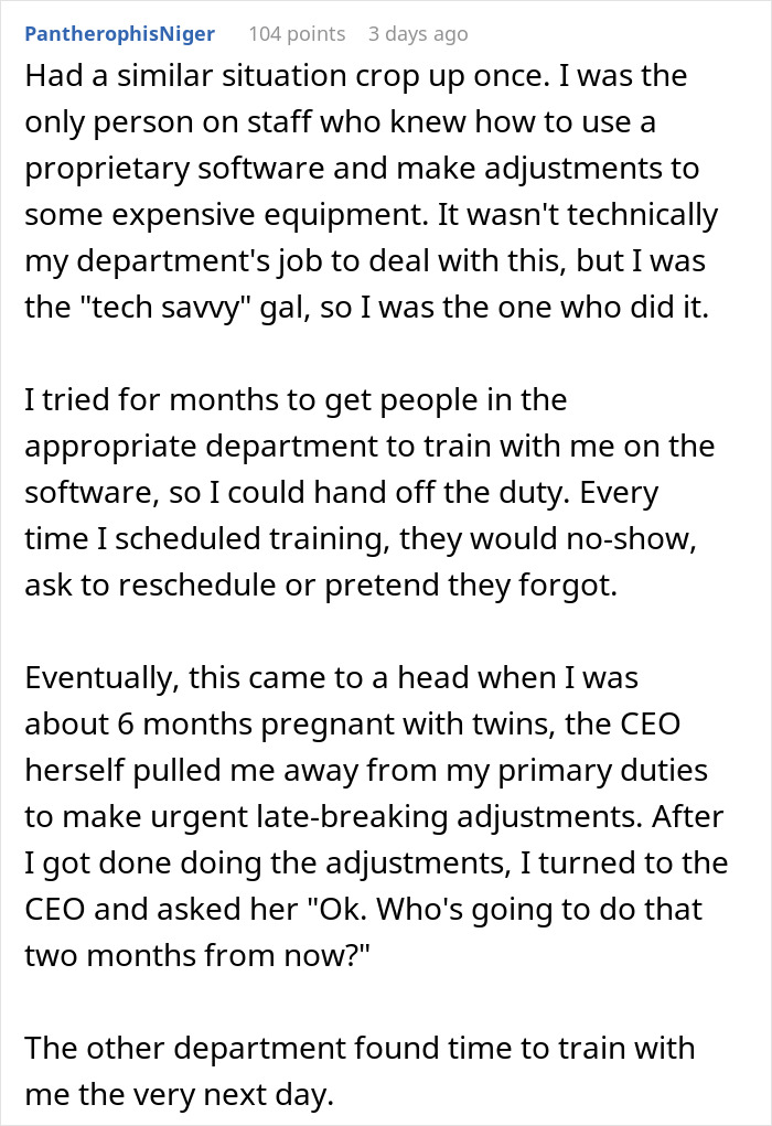 Text exchange about a coworker being embarrassed over software training demands. Text exchange about a coworker being embarrassed over software training demands.