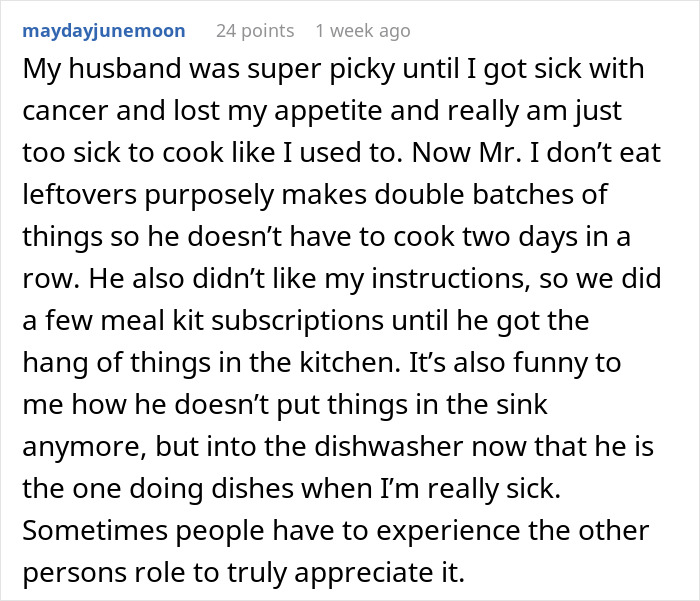 Text post about husband dealing with cooking challenges after wife's illness, highlighting their kitchen drama. Text post about husband dealing with cooking challenges after wife's illness, highlighting their kitchen drama.