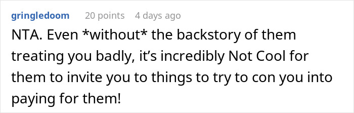 Reddit comment supporting man accused of being a deadbeat by his in-laws, discussing unfair treatment. Reddit comment supporting man accused of being a deadbeat by his in-laws, discussing unfair treatment.