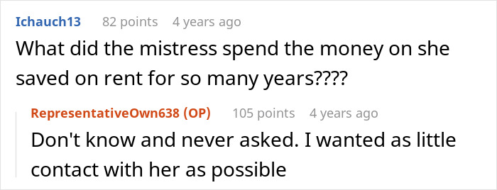 Reddit thread discussing a mistress's spending habits and minimal contact. Reddit thread discussing a mistress's spending habits and minimal contact.
