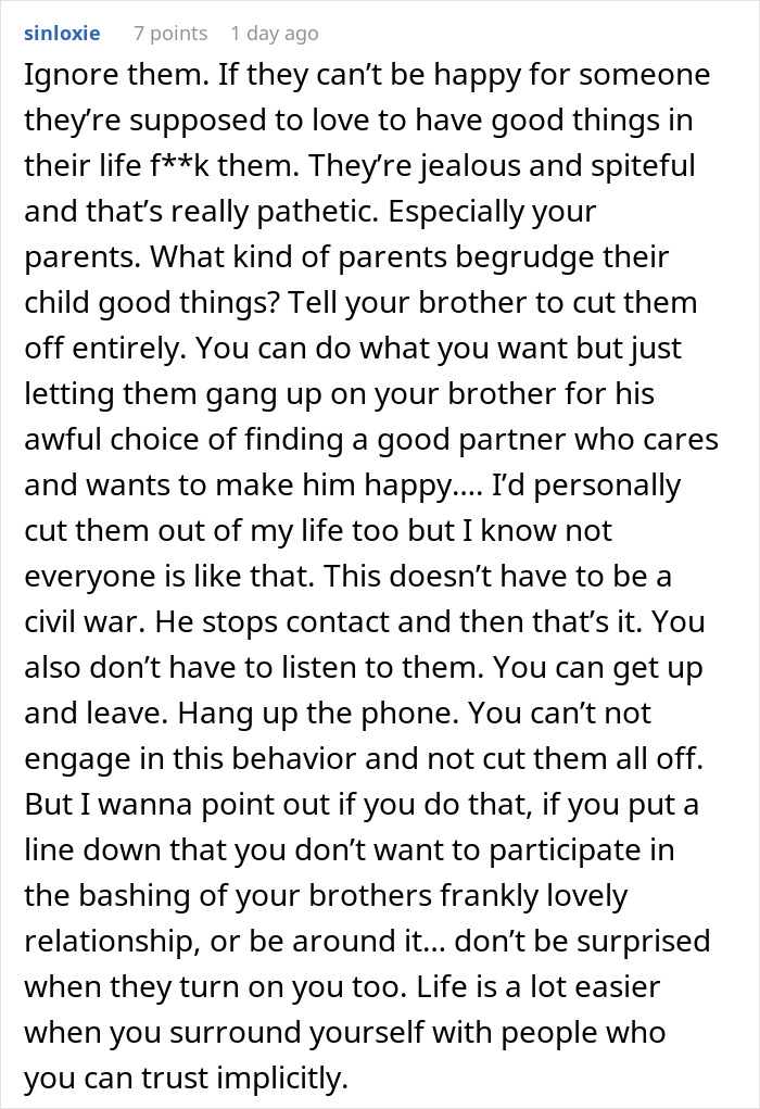 Reddit comment advice on family conflict over brother dating wealthier partner. Reddit comment advice on family conflict over brother dating wealthier partner.